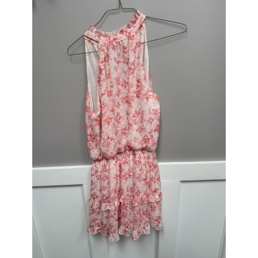 The Impeccable Pig Pink Floral Ruffle Neck Smocked Waist Tiered Dress Medium - Picture 2 of 3